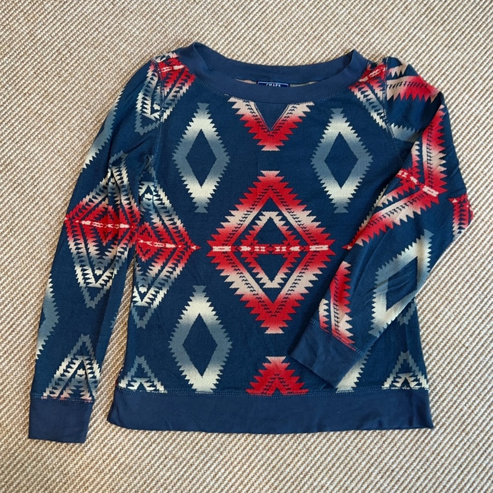 Chaps Denim Petite Aztec Print Thermal/Waffle Knit Cotton Top